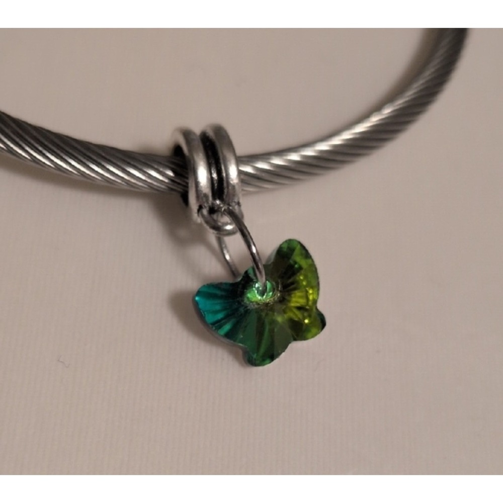 Green Crystal Butterfly Charm Silver Tone Dangle for Charm Bracelet Teal Ombre
